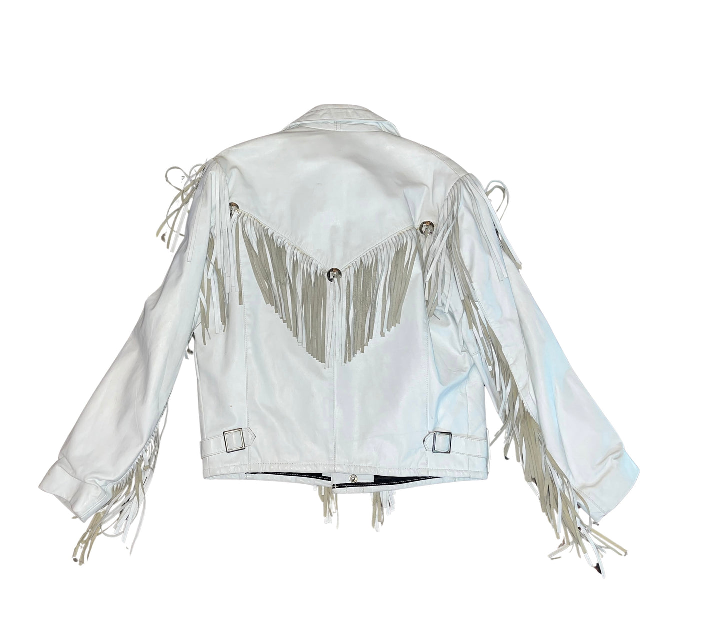 chamarra de piel con flecos color blanca