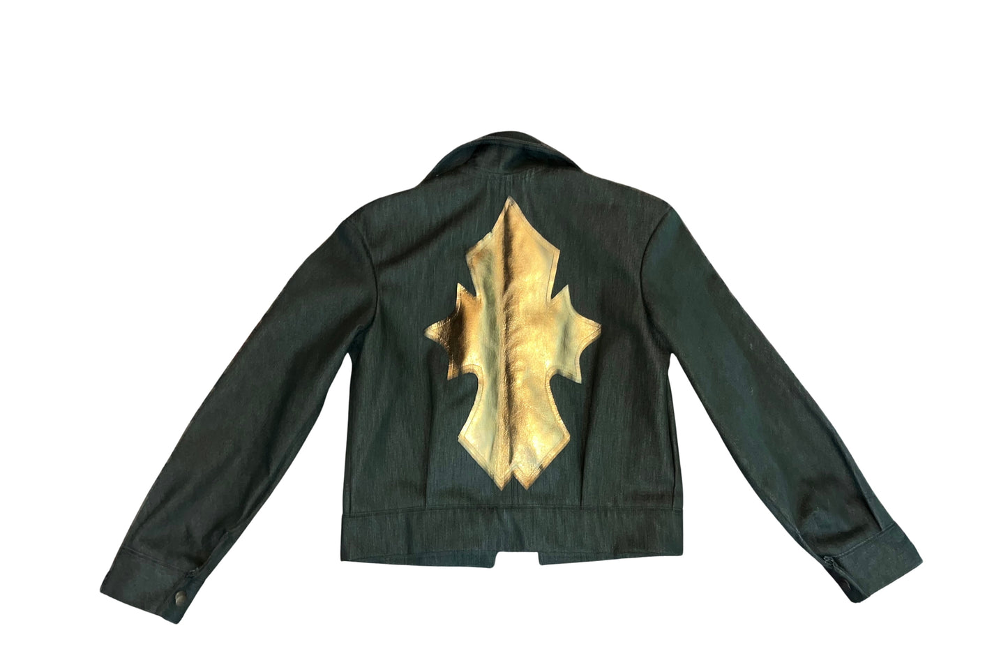 chamarra de mezclilla y piel 100% handmade verde olive green