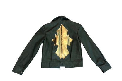 chamarra de mezclilla y piel 100% handmade verde olive green