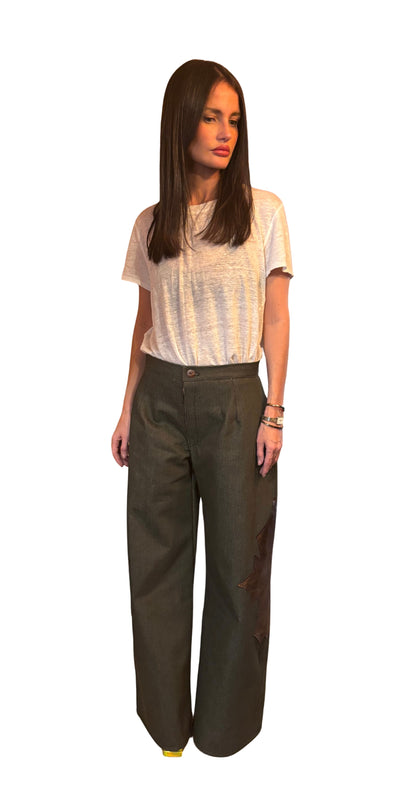 chamarra de mezclilla y piel 100% handmade verde olive green