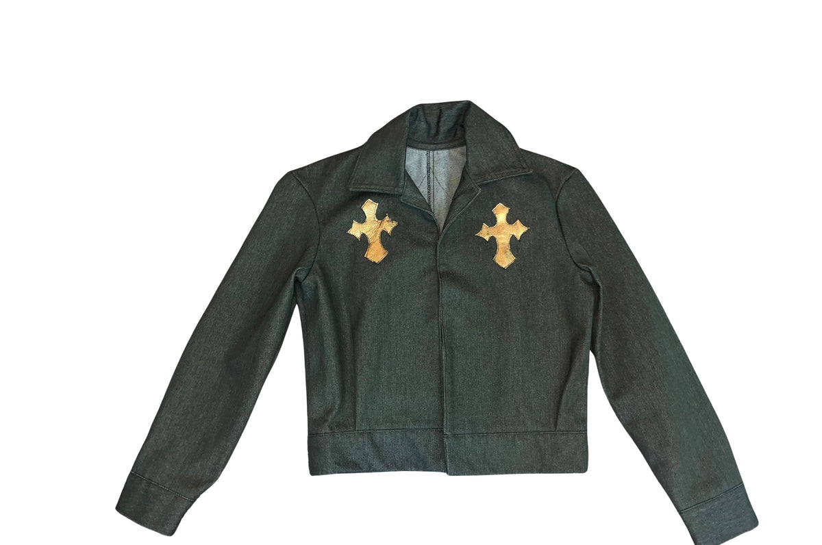 chamarra de mezclilla y piel 100% handmade verde olive green